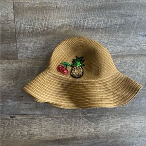 Ellen Tracy Tan Straw Hat with Pineapple and Cherry Embroidery